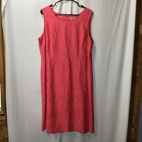 Jessica Howard Woman Coral Fully Embroidered Linen Blend Sheath Dress 16 Midi - Picture 1 of 7